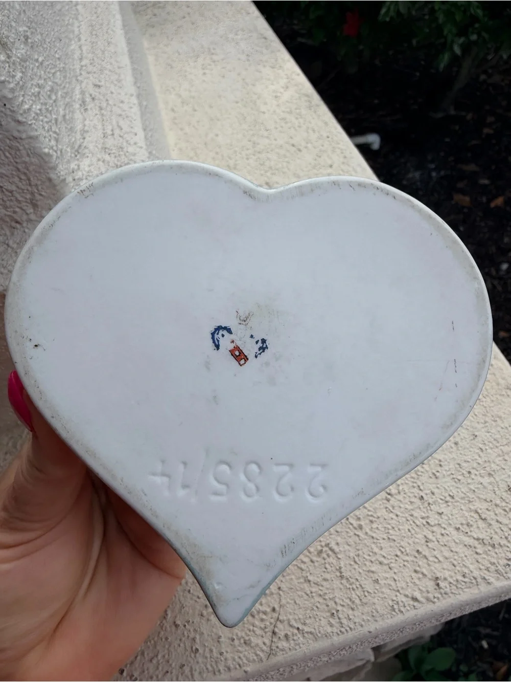 Vintage Hand Painted Porcelain Heart Trinket Box Purple Violets Floral Aqua